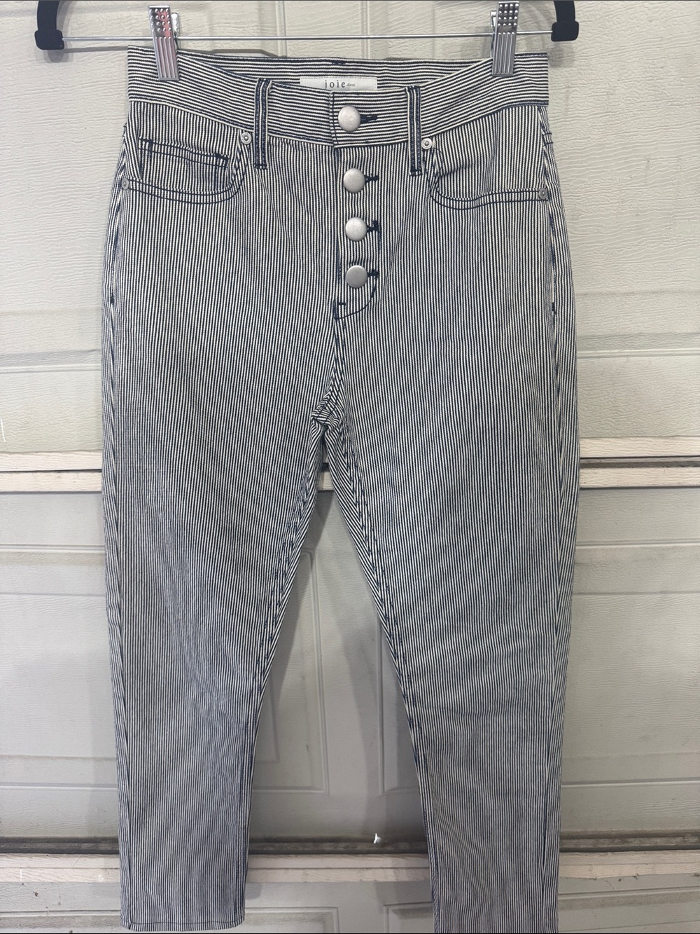 Joie White and Navy Pinstripe Button Fly Ankle Jeans